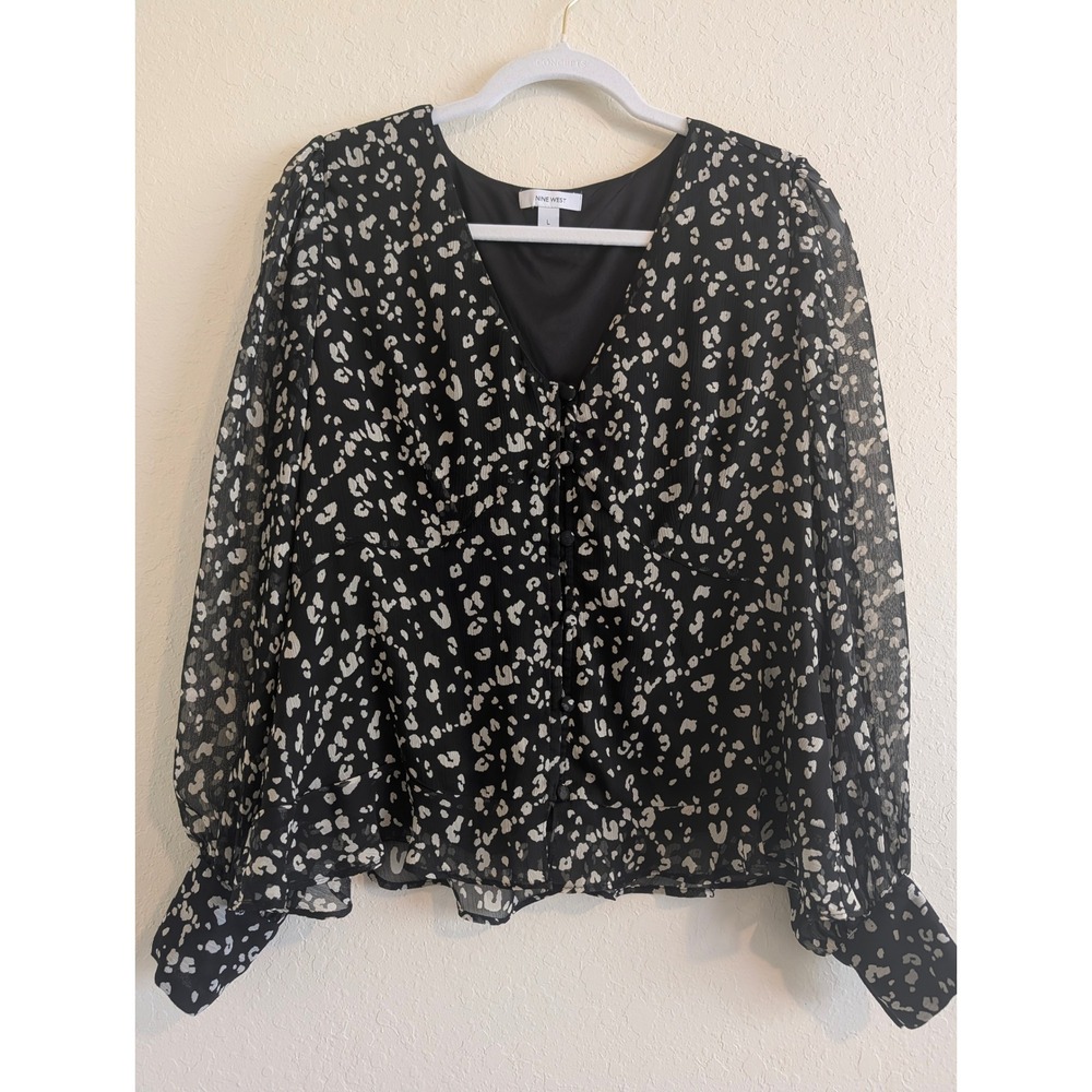 Nine West Womens Black White Animal Print Chiffon V-Neck Blouse Size L
